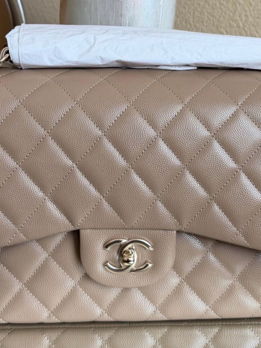 CHANEL Quilted Shoulder Bag in Beige Taupe with Gold Hardware